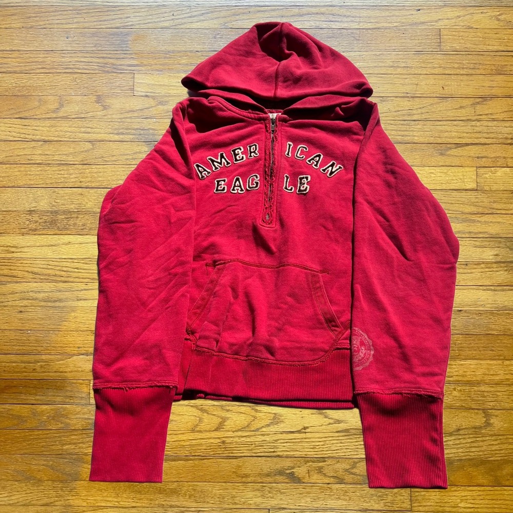 American Eagle Red Quarter Zip Hoodie Applique Logo Y2K Sweatshirt Mens L